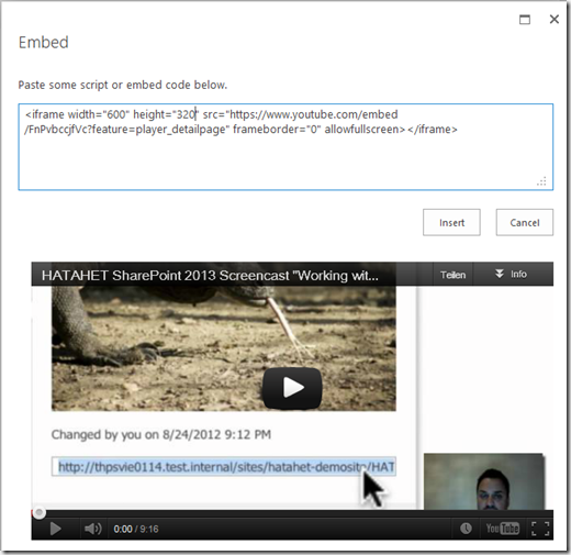 HATAHET SharePoint 2013 Preview, Arbeiten mit Embed Code, Screenshot03